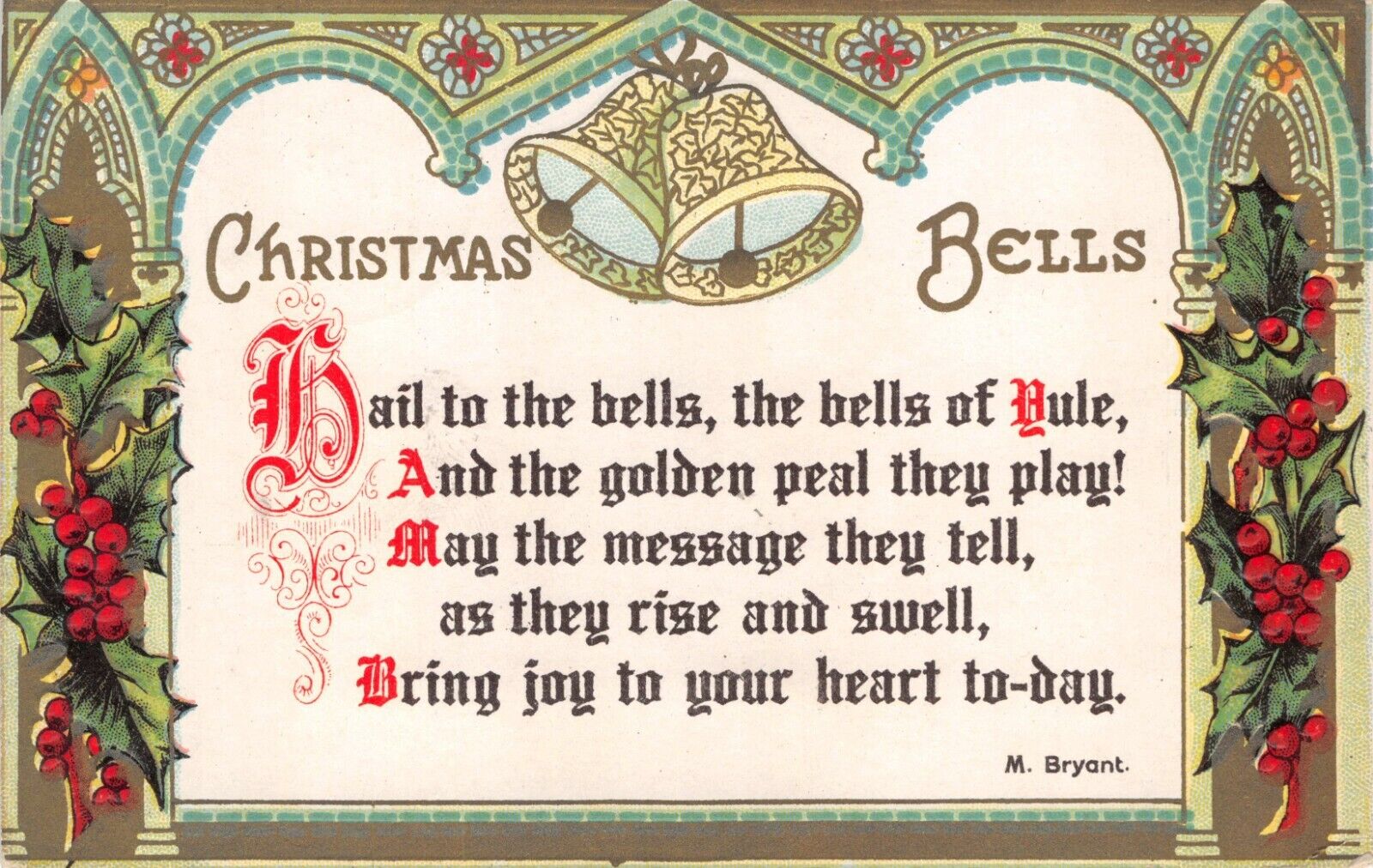 Vtg.  1910 Christmas Bells Poem by M. Bryant Postcard p826