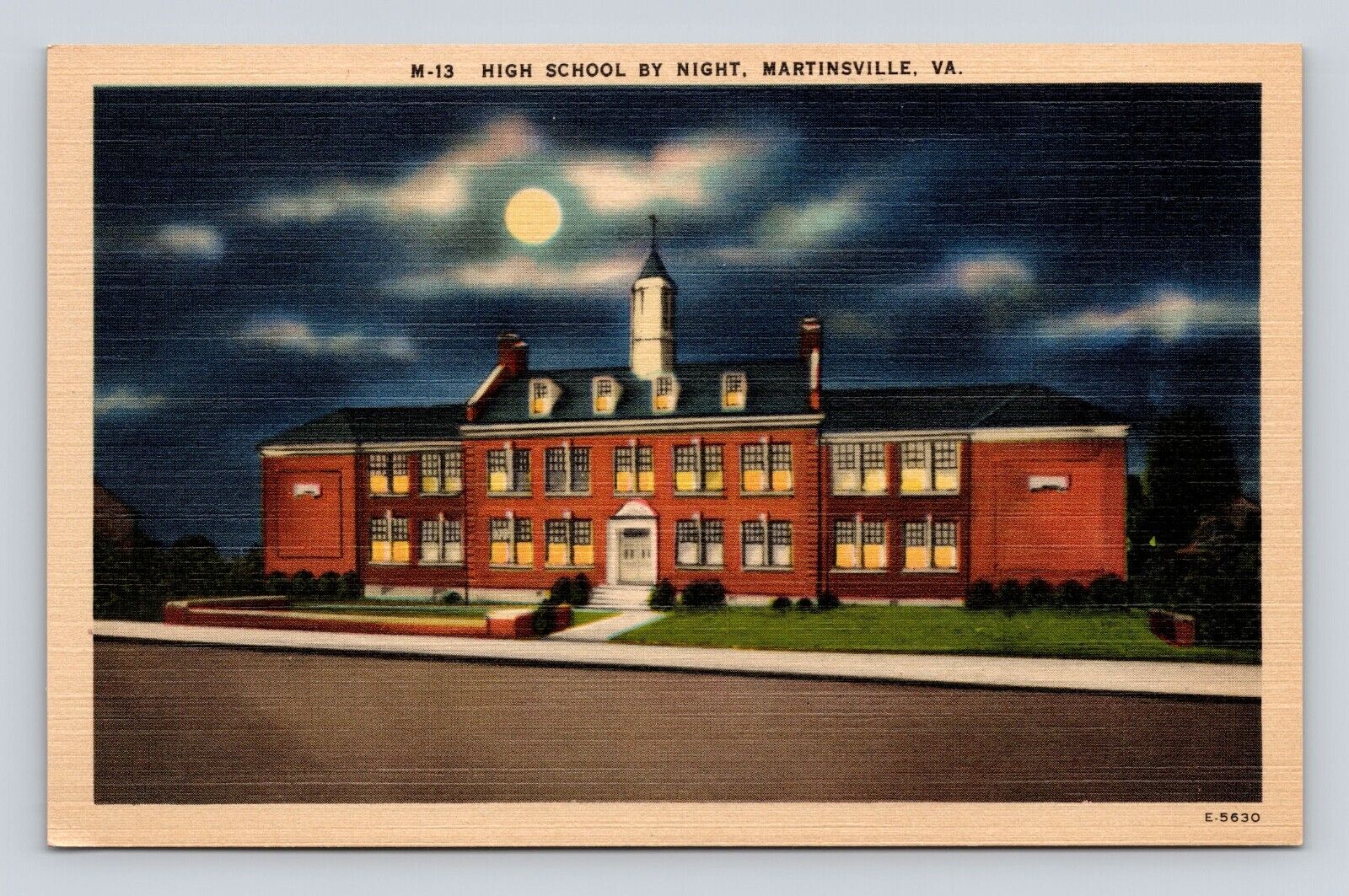 Postcard High School Night View Martinsville VA Virginia c1930-40s
