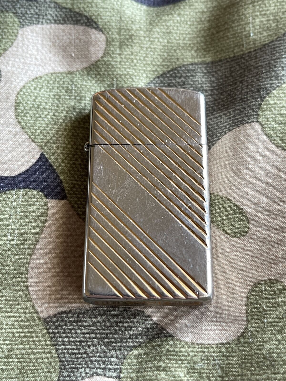 1984 Vintage Zippo Slim Lighter - Gold Plated - Bright Cut Diagonal Lines