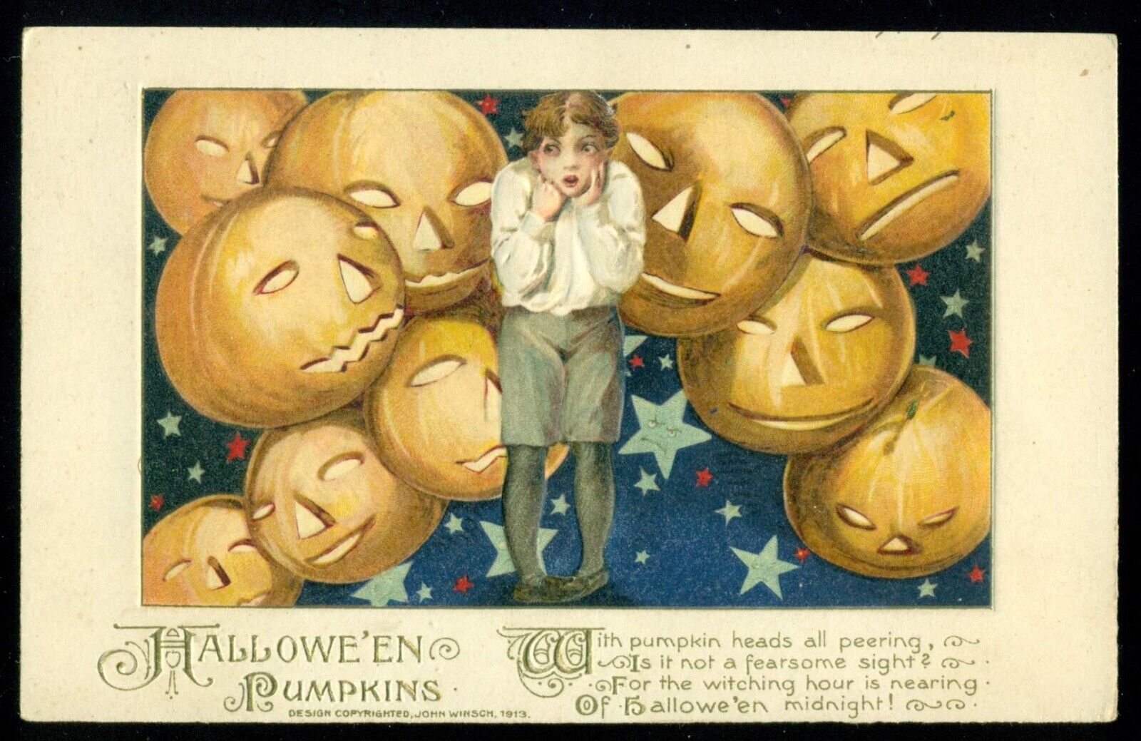 1913 Embossed John Winsch HALLOWEEN Jack-O'-lanterns Pumpkins postcard