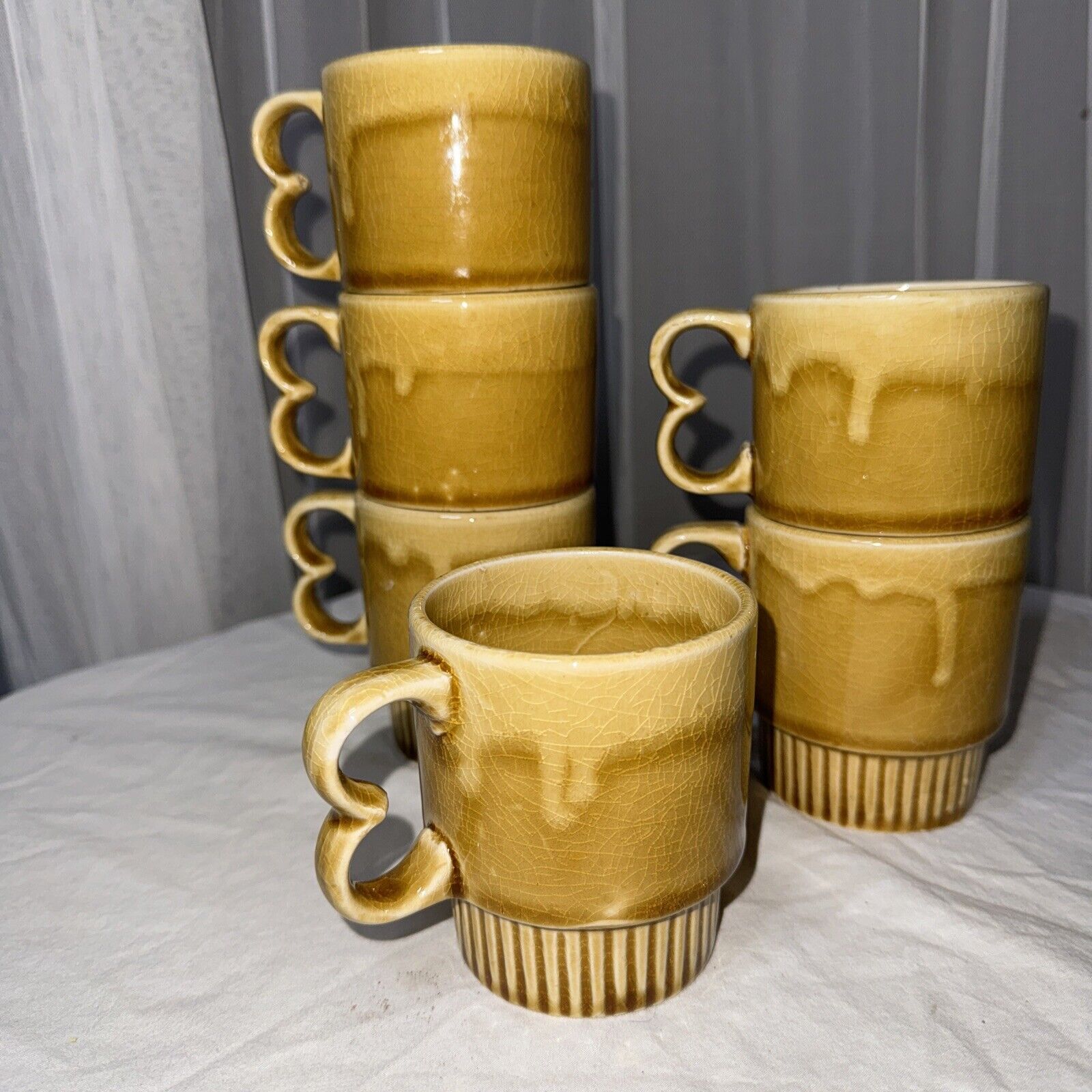 Six 2 Finger Handle Gold Brown Tan Stackable Coffee Cups Mugs Japan Drip Glaze