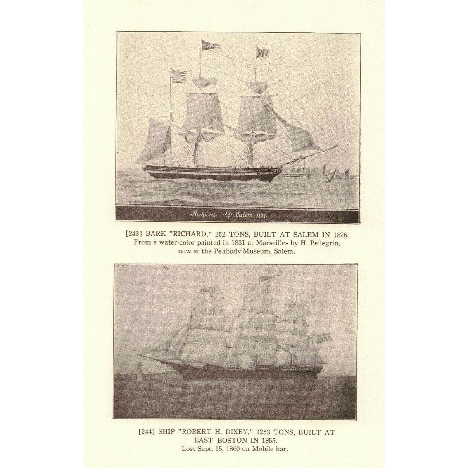 1922 Lithograph Robert H. Dixey & Richard Nautical Sailing Ships of Mass. 2p1-17