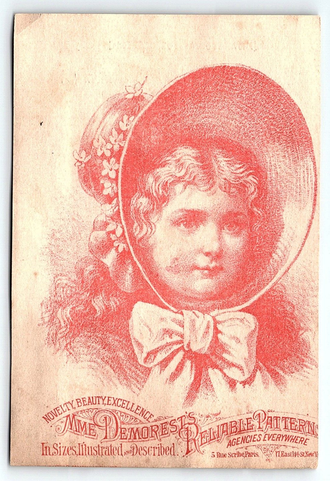 c1880 MME DEMOREST'S RELIABLE PATTERNS NOVELTY BEAUTY VICTORIAN TRADE CARD P108