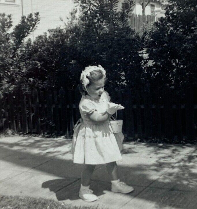 Little Girl White Dress Gloves Purse On Sidewalk B&W Photograph 3.5 x 3.5