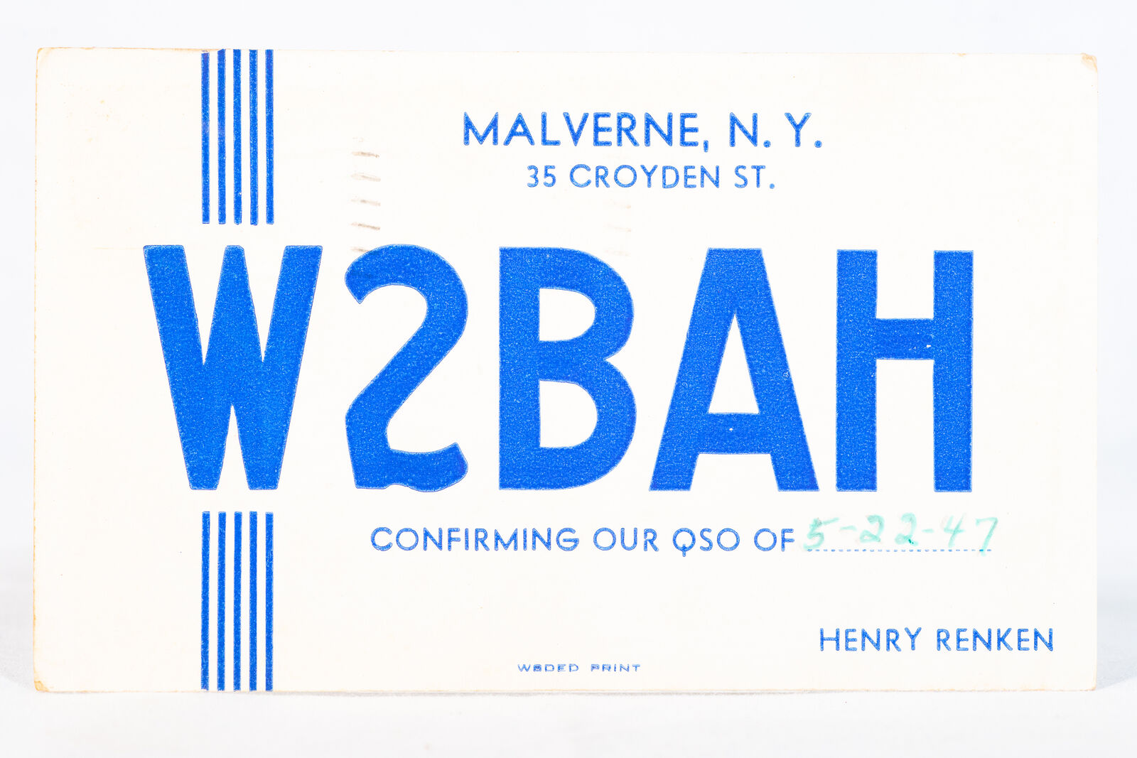 1947 Amateur Ham Radio QSL Card Malverne NY W2BAH Henry Renken