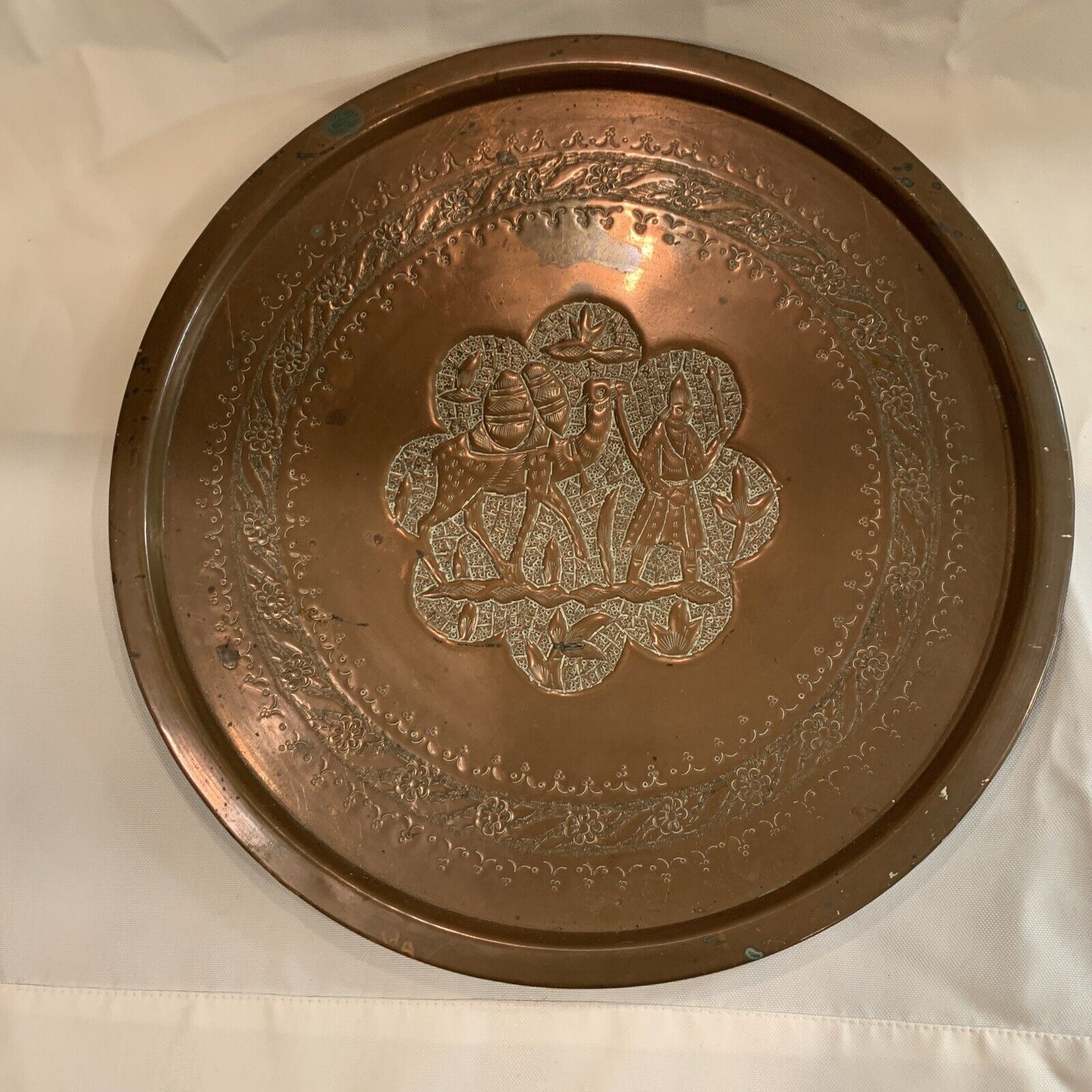 Vintage Copper Plate with Genghis Khan Walking Kamal Stamped Art Work 14”