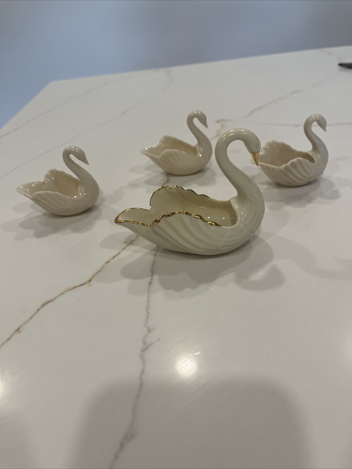 Lenox Swans Ivory Porcelain Vintage Made in USA Set of 3 Mini 1 Larger With Gold