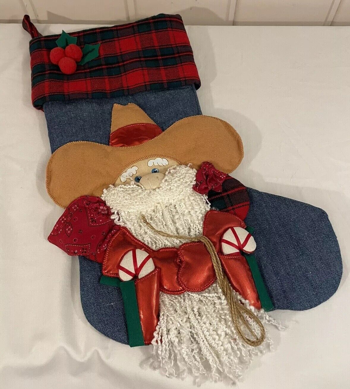 Vintage Cowboy Santa Claus Christmas Stocking Candy Cane Plaid Holiday