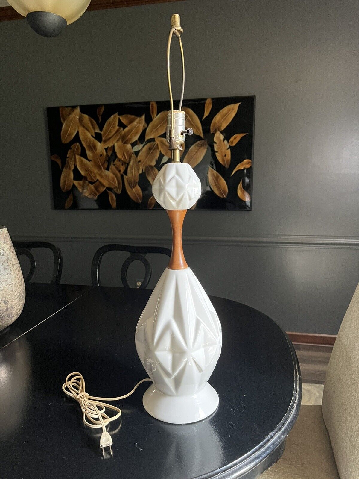 VTG Mid Century White Ceramic Lamp Ornate Design