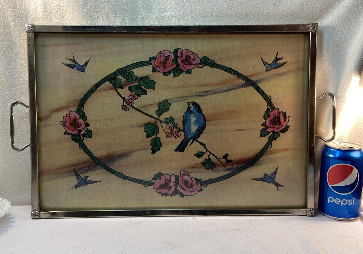 Vtg 1960-70’s Metal Frame Glass Serving Tray Bluebirds Pink Cherry Blossom Print