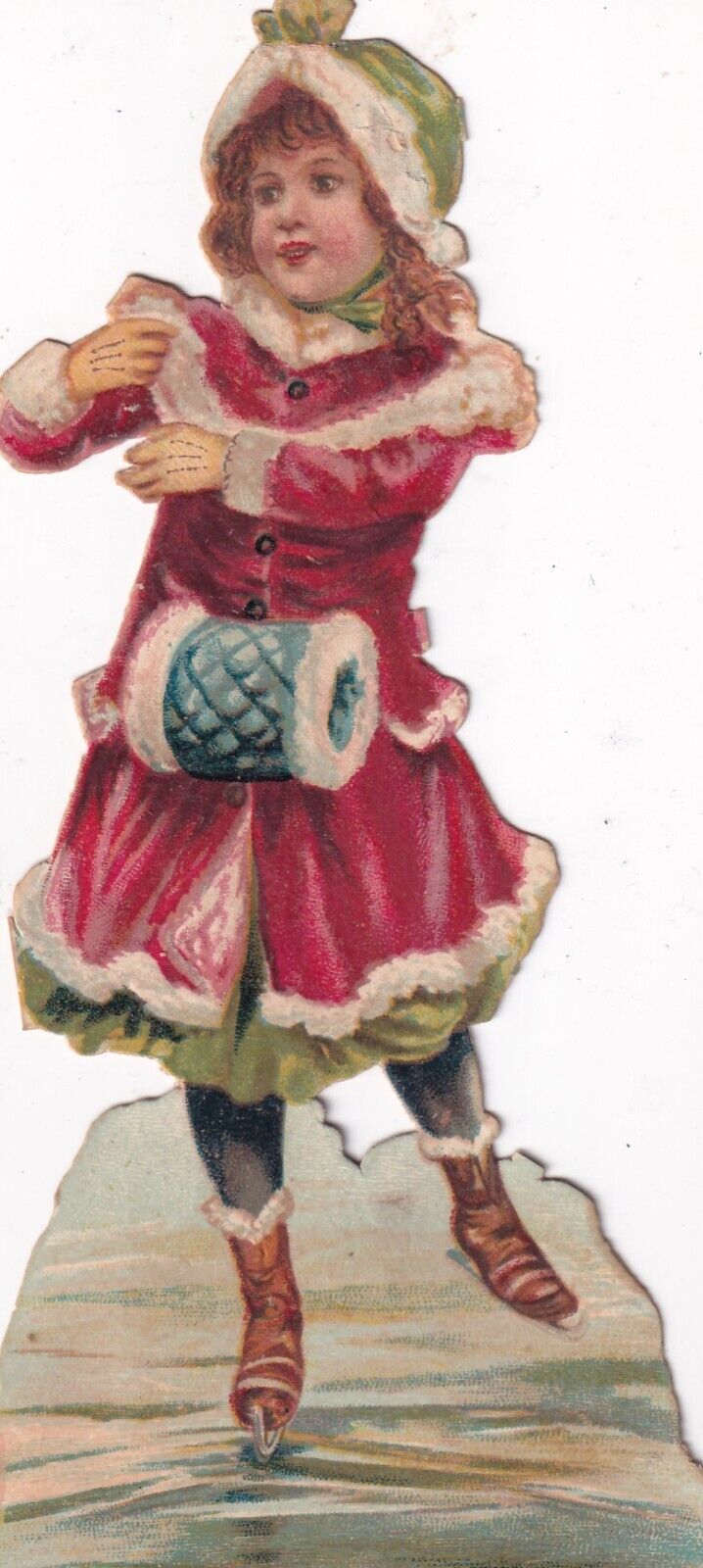1800\'s Victorian Die Cut -Gorgeous Girl in Santa Red w Muff Ice Skating -#B3