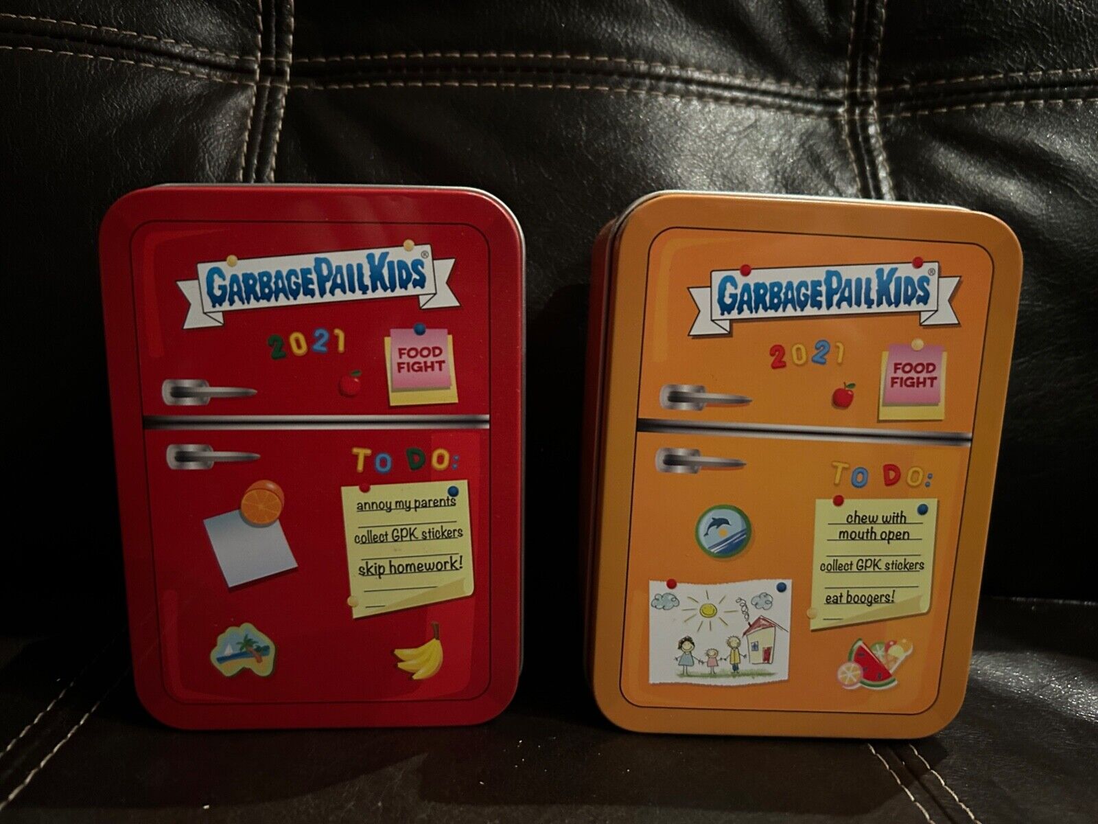 Pair of Garbage Pail Kids 2021 Food Fight Sticker Card Boxes Red and Orange