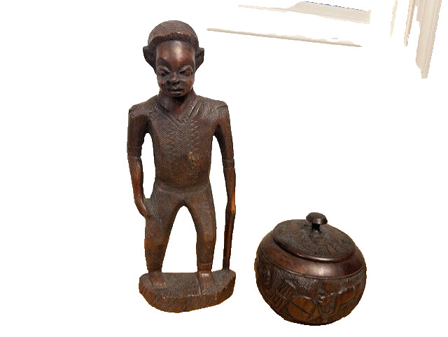 Vintage Tribal African Round Hand Carved Wooden Lidded Pot & Tribal Man