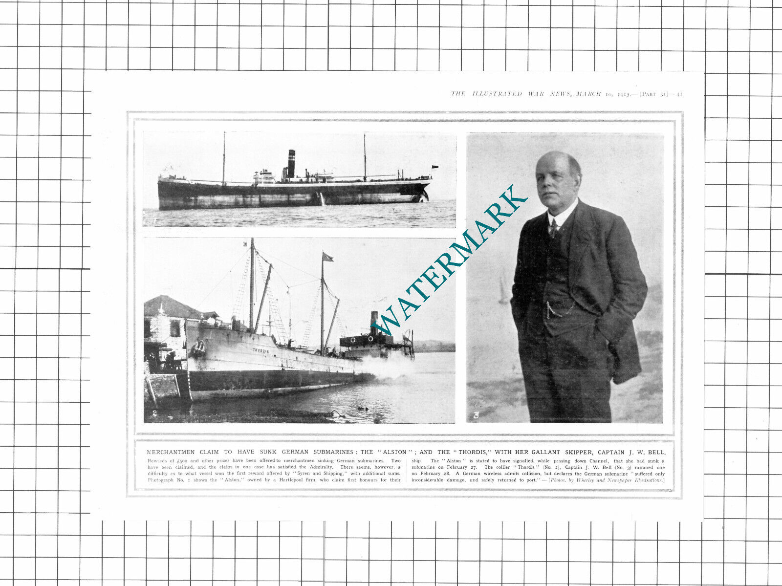 Captain J W Bell Collier Ship Thordis Great War WW1  - 1915 Clipping / Print