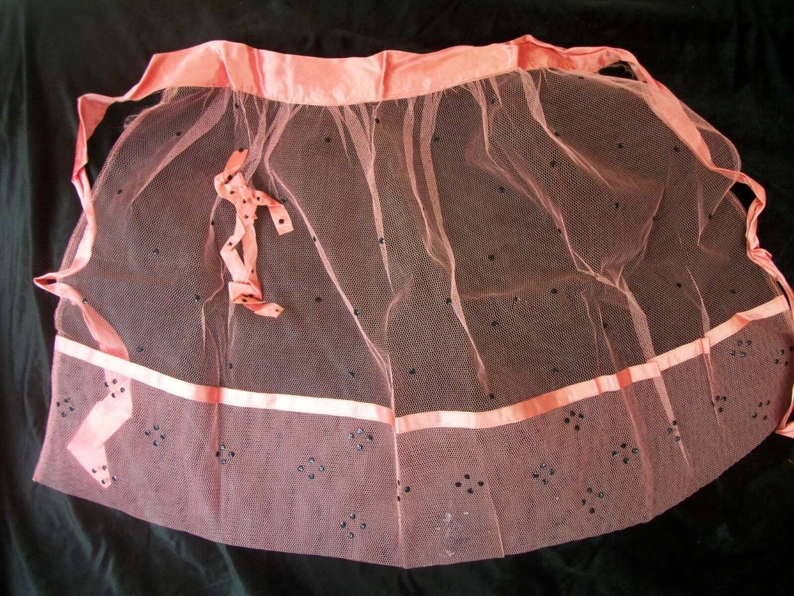 Vintage Hostess Apron Pink Netting Black Sequins AP143