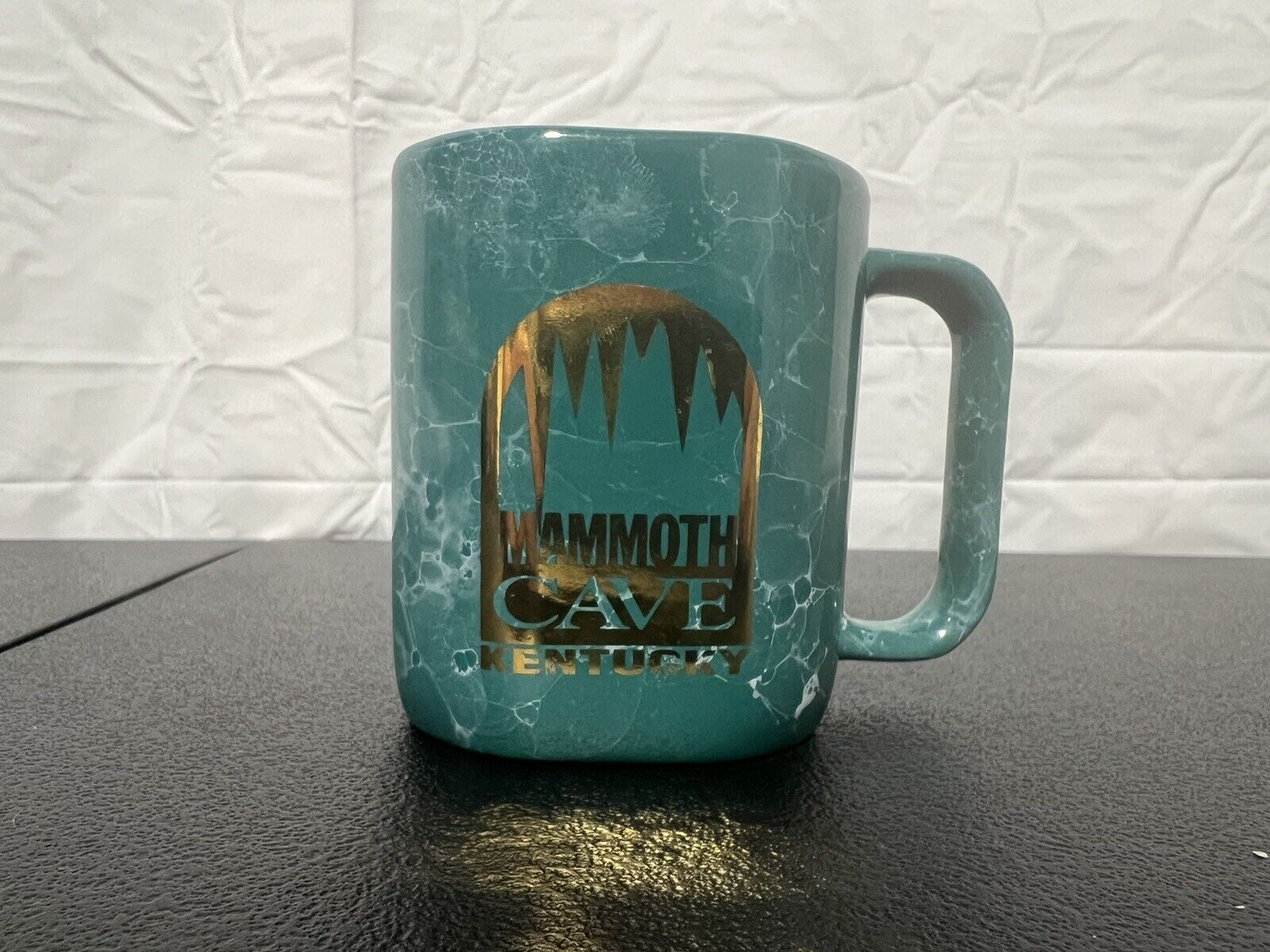 Vintage Mammoth Cave Heavy Square Mug Gold Lettering, Green/Turquoise
