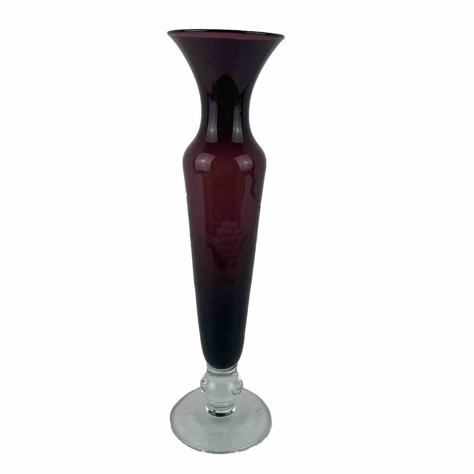 1484 Vintage 8”amethyst Purple Elegant Glass Bud Vase  Etched Grapes Pedestal