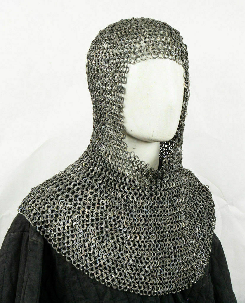 Flat Riveted Chain Mail Coif Mild Steel Chainmail Hood Reenactment Armor LARP