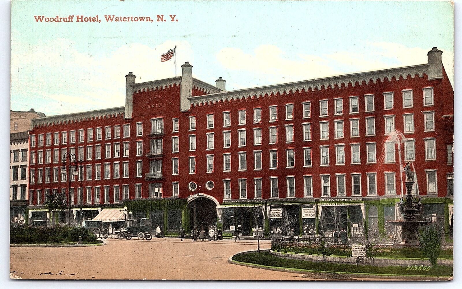 Watertown NY-New York, 1911 Woodruff Hotel Fountain Building, Vintage Postcard