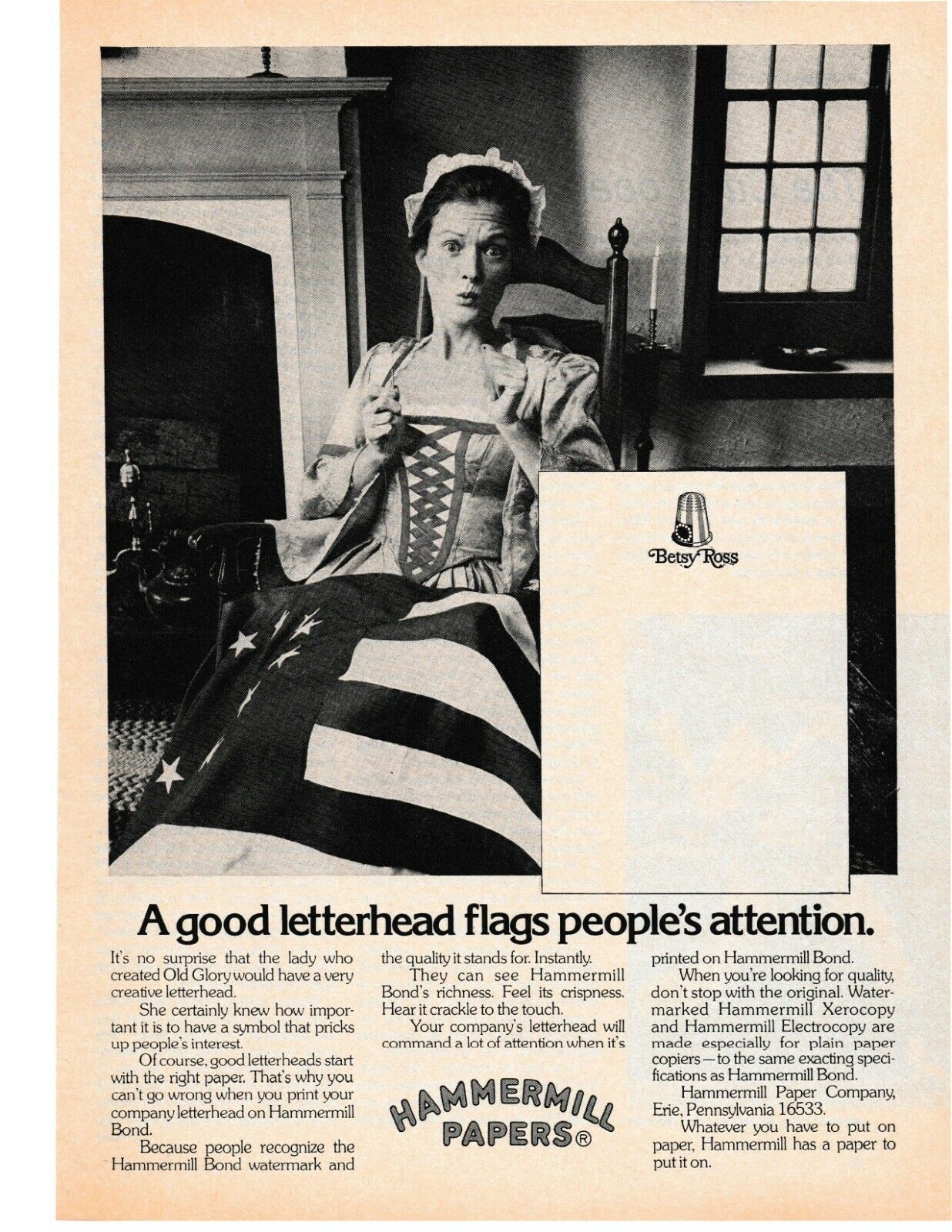 1975 VINTAGE PRINT AD - HAMMERMILL PAPERS AD - BETSY ROSS