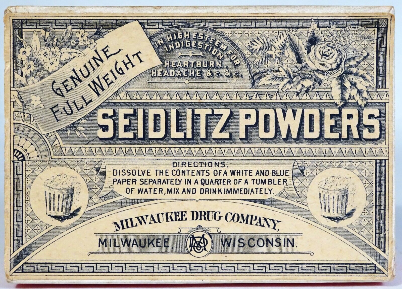 Antique-Vintage SEIDLITZ POWDERS-Milwaukee Drug Company-CARDBOARD BOX-Not a Tin