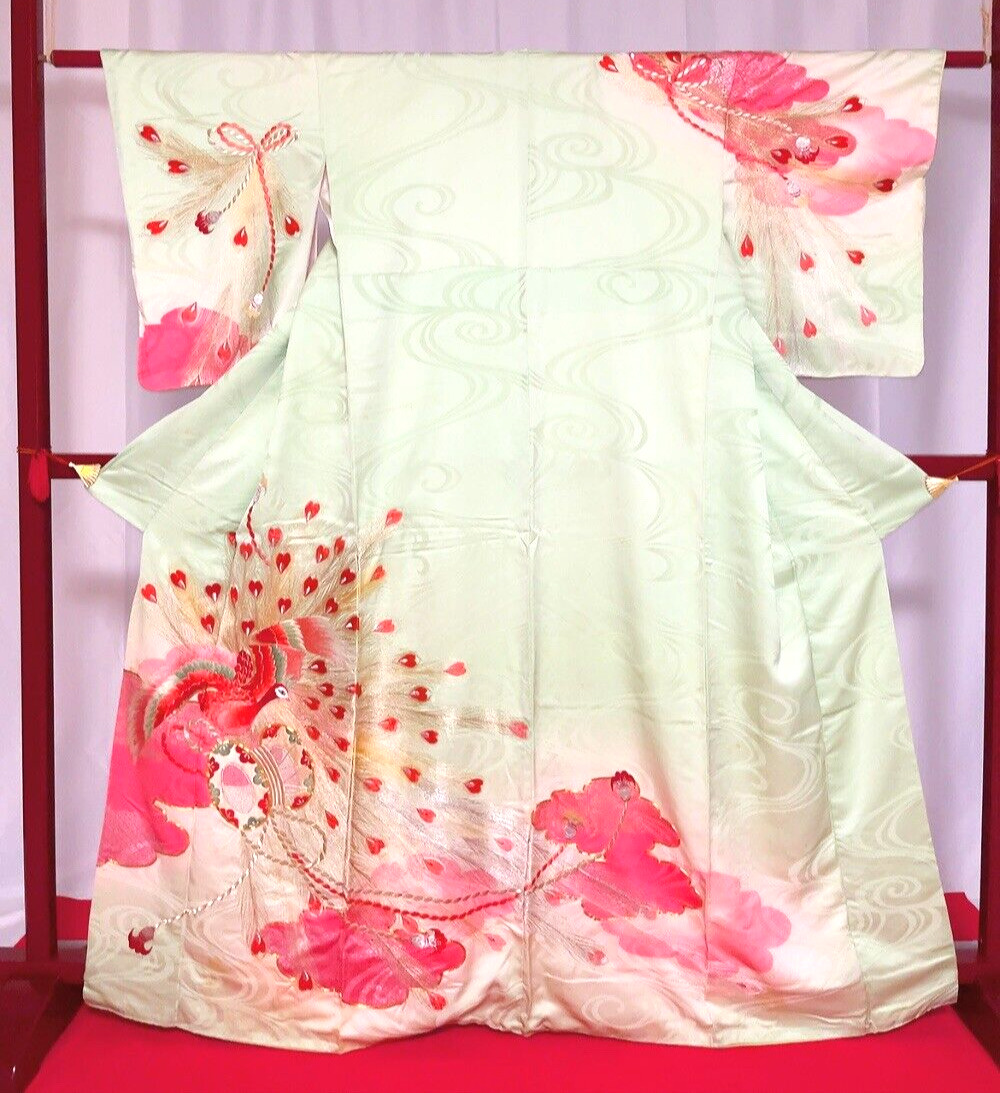 Japanese Kimono “Houmongi”/Light green/Peacock/Gold/Silver/Gorgeous embroidery