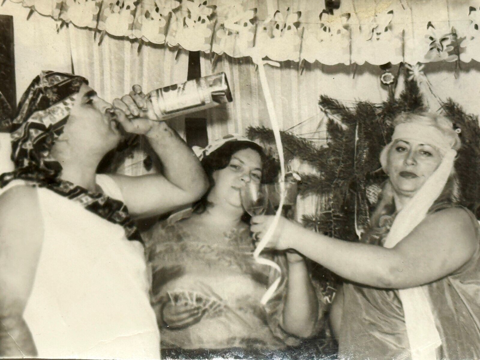 1980s Cheerful Drunk Friends Masquerade Vodka Man Vintage B&W Photo Snapshot