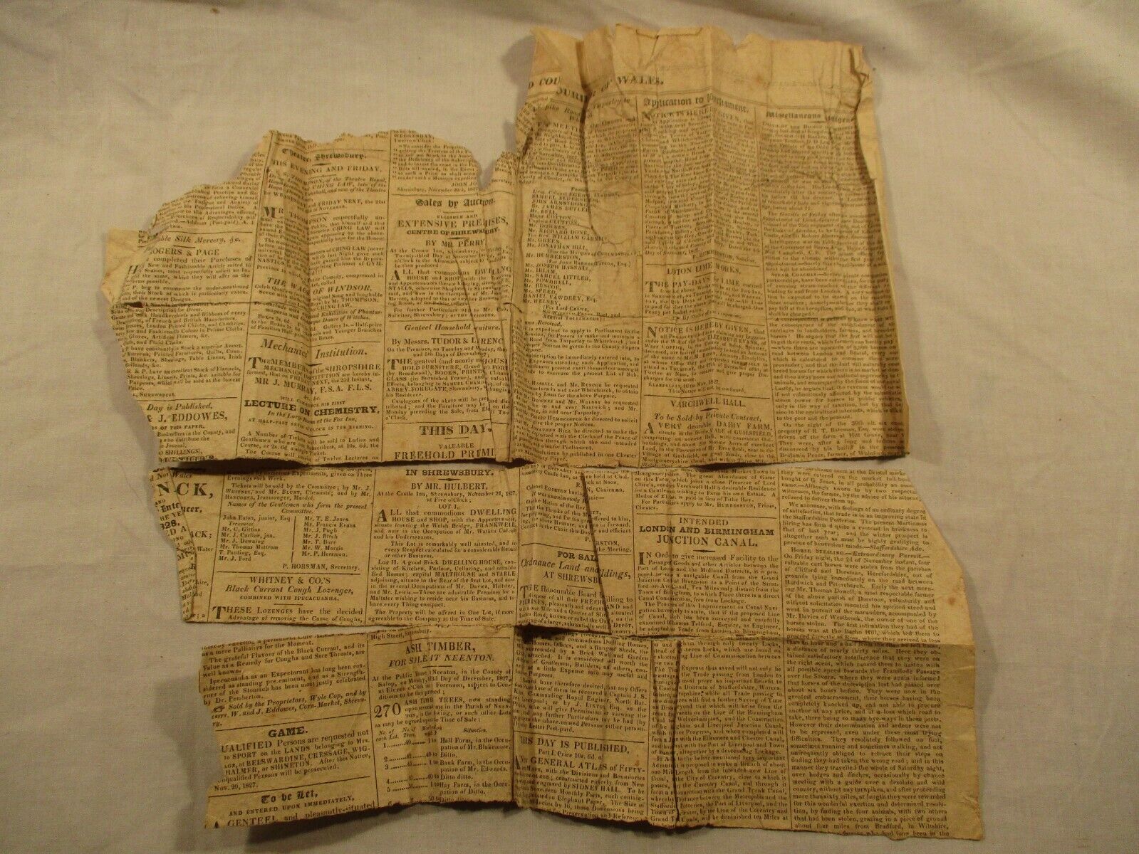 Original 1827 Antique Newspaper Fragments Salopian Journal and Courier of Wales