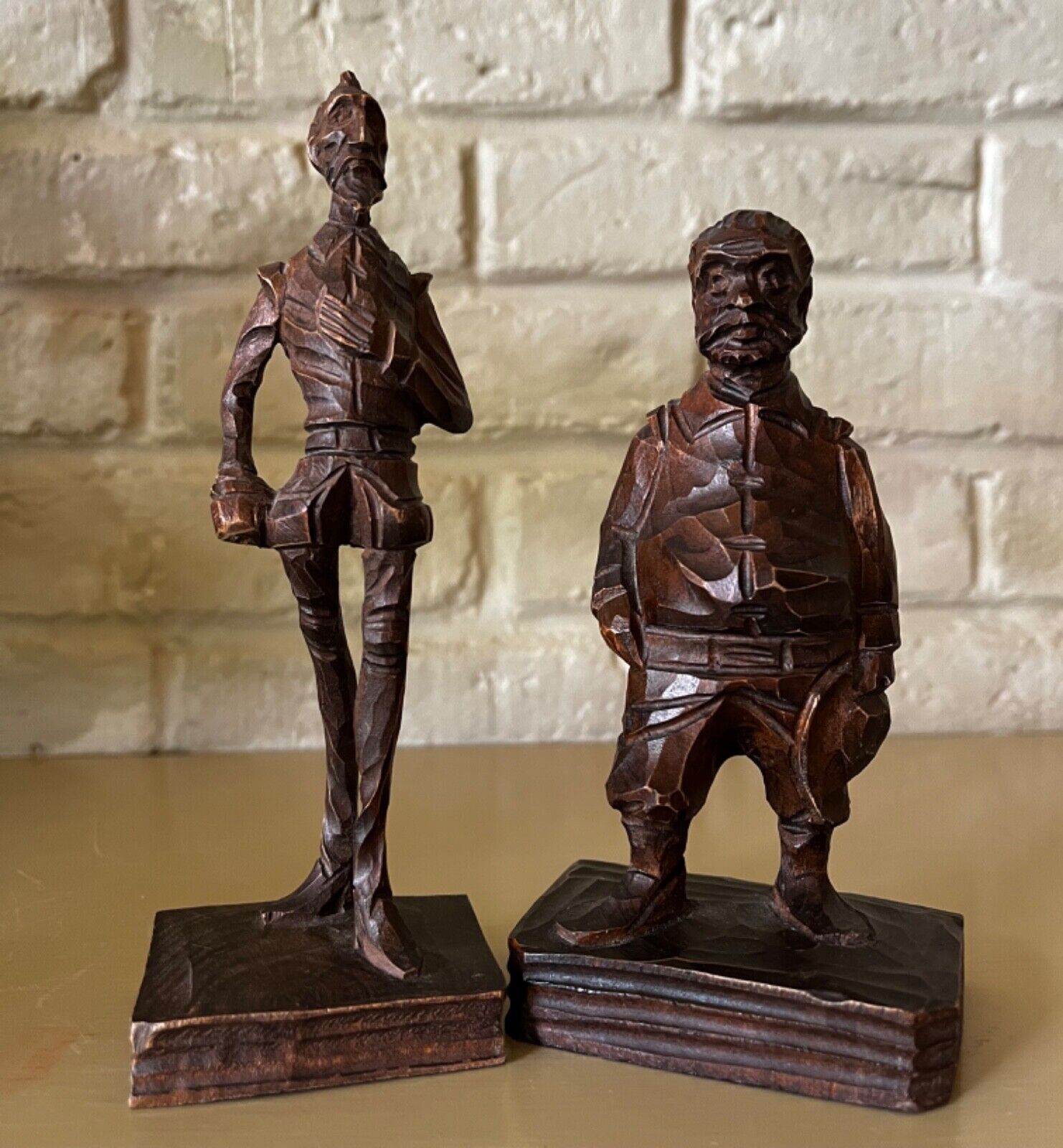 Two  Vtg 1970 Wooden Carved Spanish Export Don Quixote & Sancho Panza Figurines