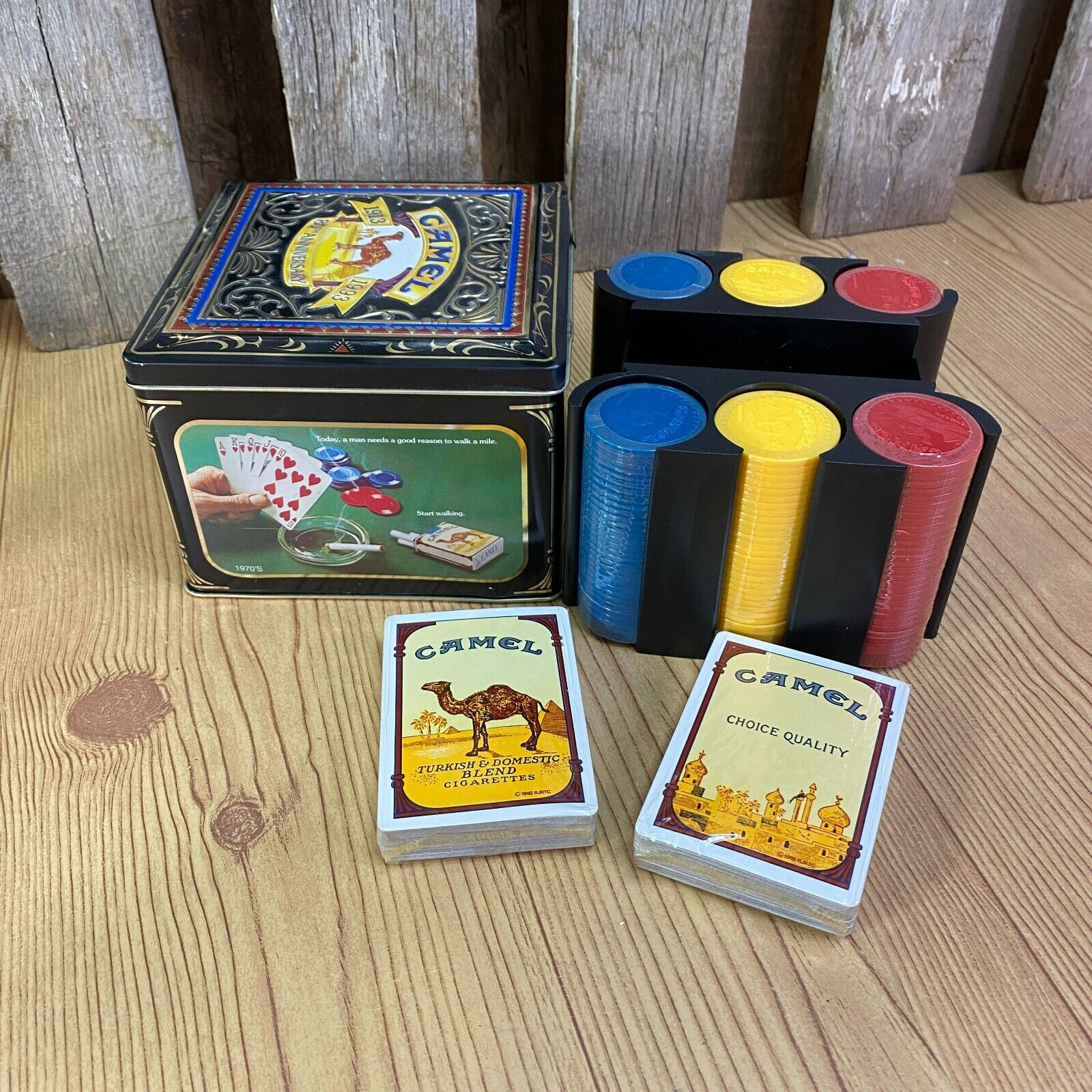 Vintage NEW Joe Camel Poker Set Original Tin Box with Cards & Poker Chips