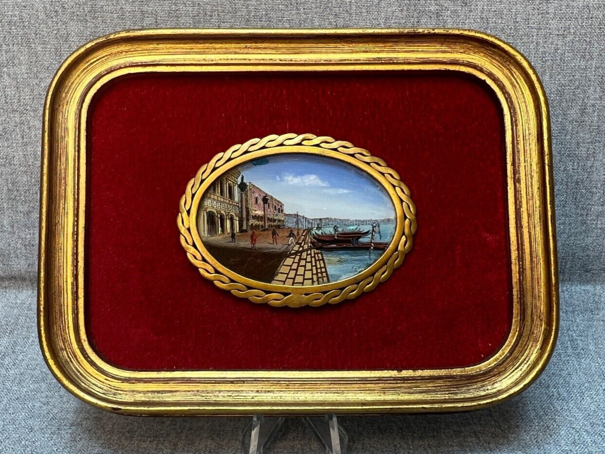 1890 Venice Town View Boats Miniature Painting Back Painted Glass Gilt Frame