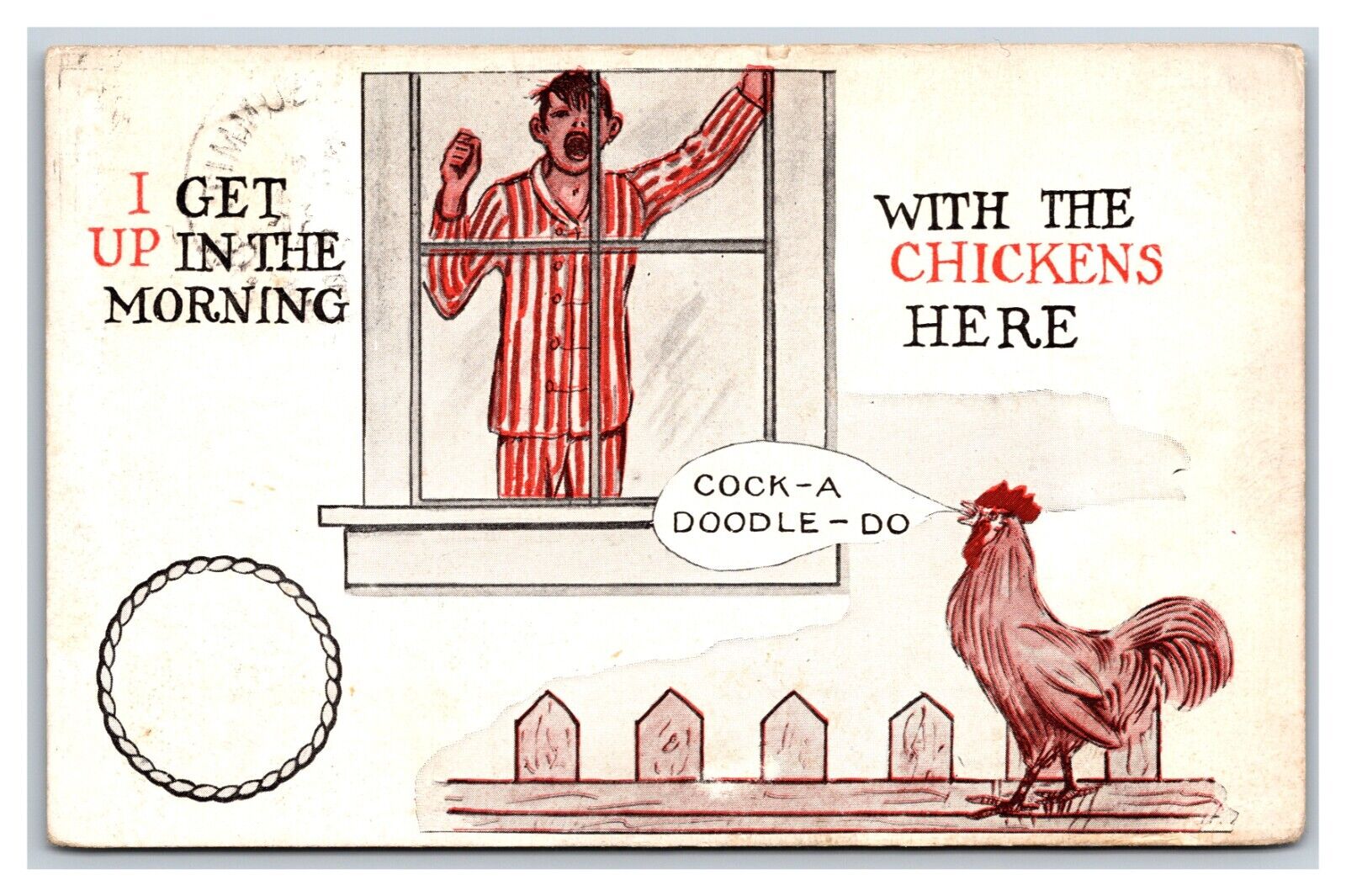 Comic Man Yawning at Rooster I Get Up With The Chickens Here DB Postcard S3