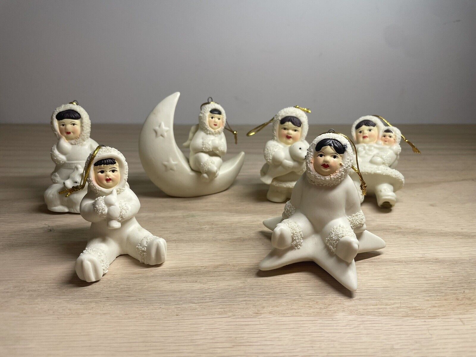 Vintage Arctic Kids of Alaska Bisque Porcelain Eskimo Ornaments Set 6