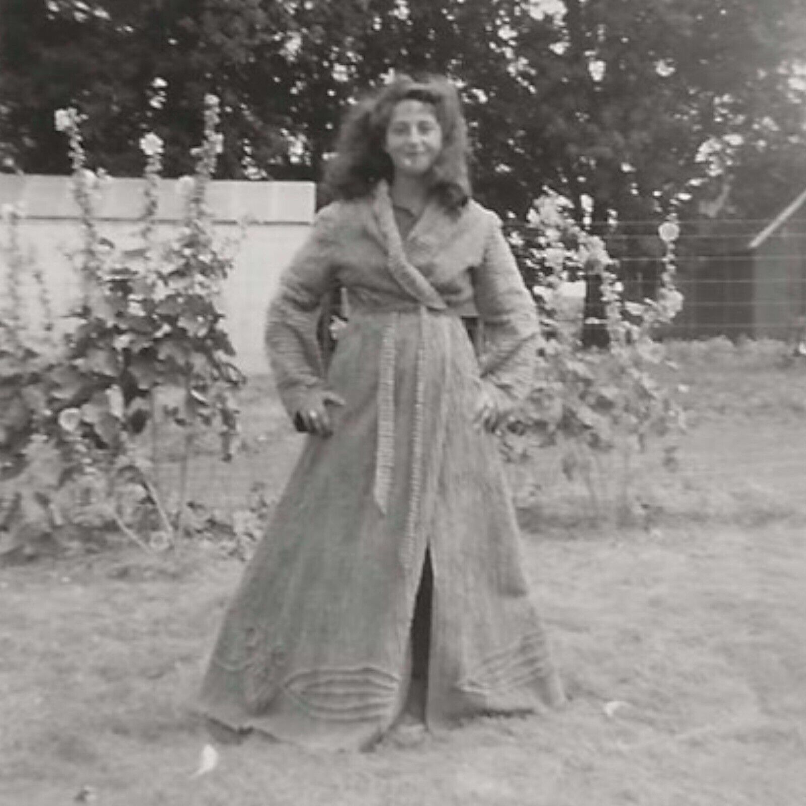 Vintage Photo Pretty Woman Wearing Cheniell Bathrobe In Garden Hollyhock Flowers