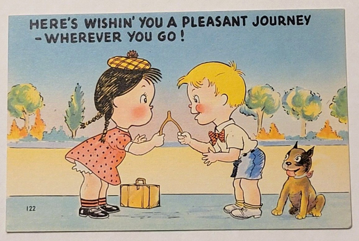 Wishing You A Pleasant Journey Vintage Postcard Series No. 122 Boy Girl Wishbone