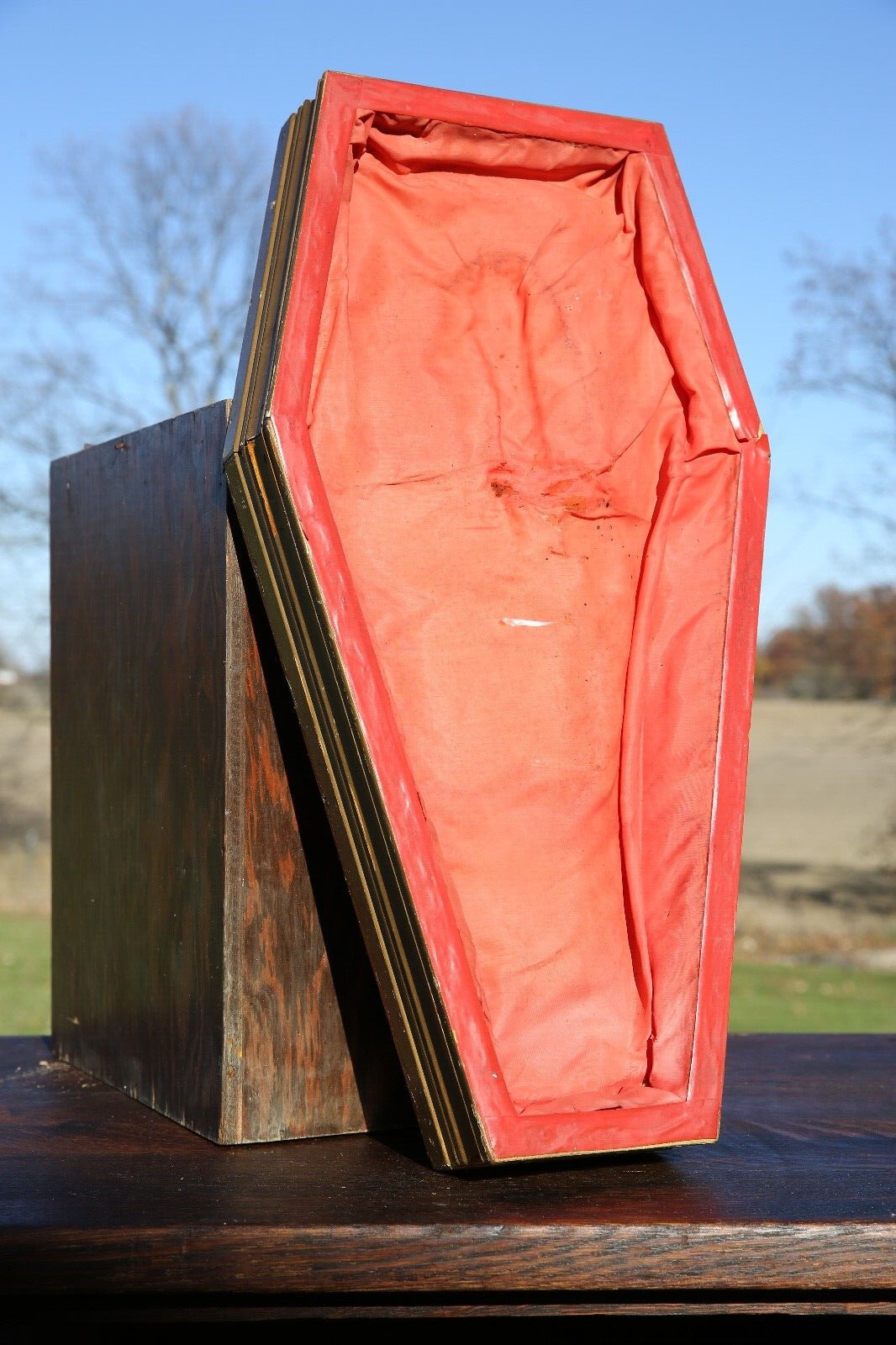 Vintage Odd Fellows Miniature wood Coffin Fraternal Dracula cross skeleton