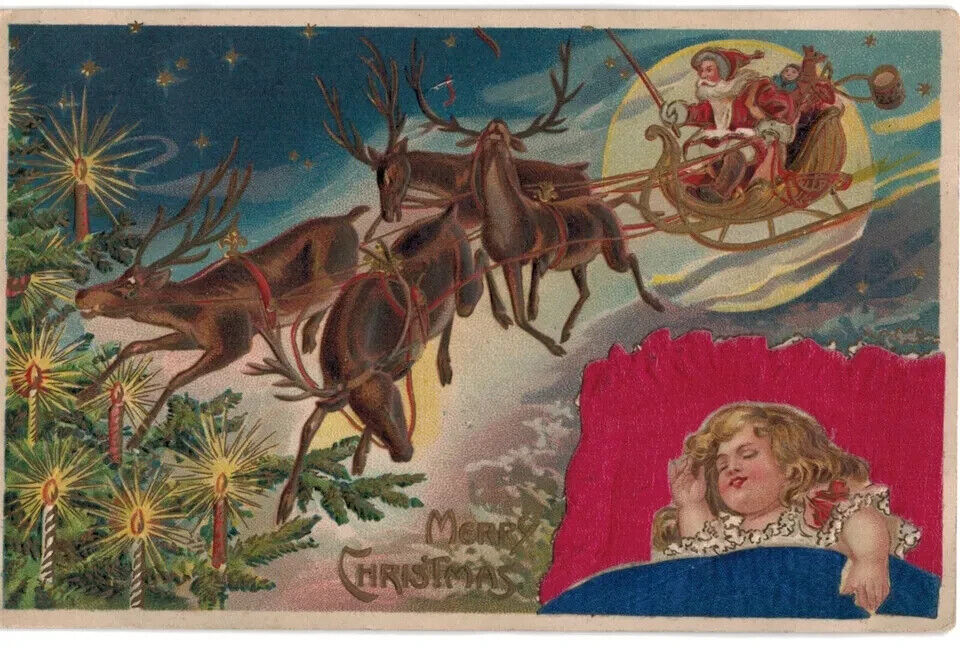 Silk Santa Claus with Sleeping Girl ~Toys~Sled~Reindeer~ Christmas Postcard~h921