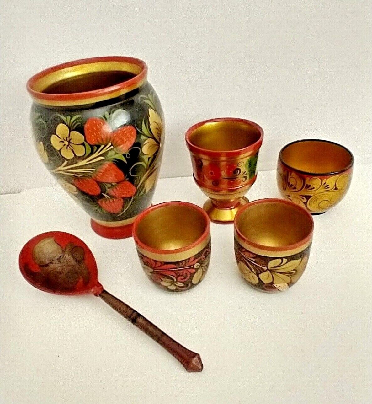  LOT 6 Russian Khokhloma hand painted Lacquered wood urn cups spoon