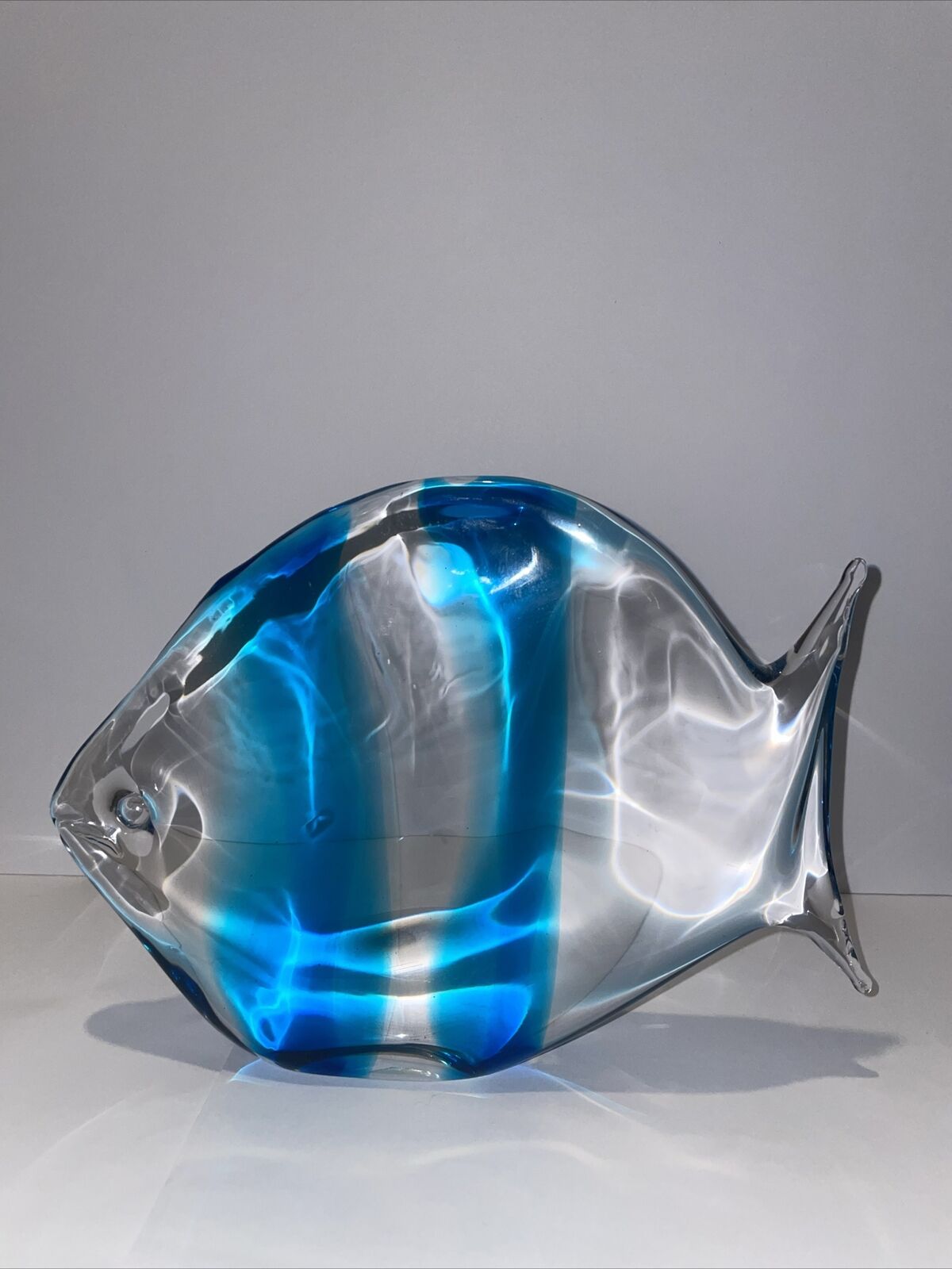 Vintage Archimede Seguso Murano Clear Art Glass Blue Striped Fish Sculpture
