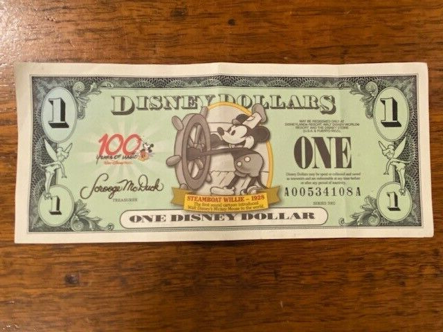 One $1 Disney Dollar Steamboat Willie 2002 Series 100 Years Of Magic