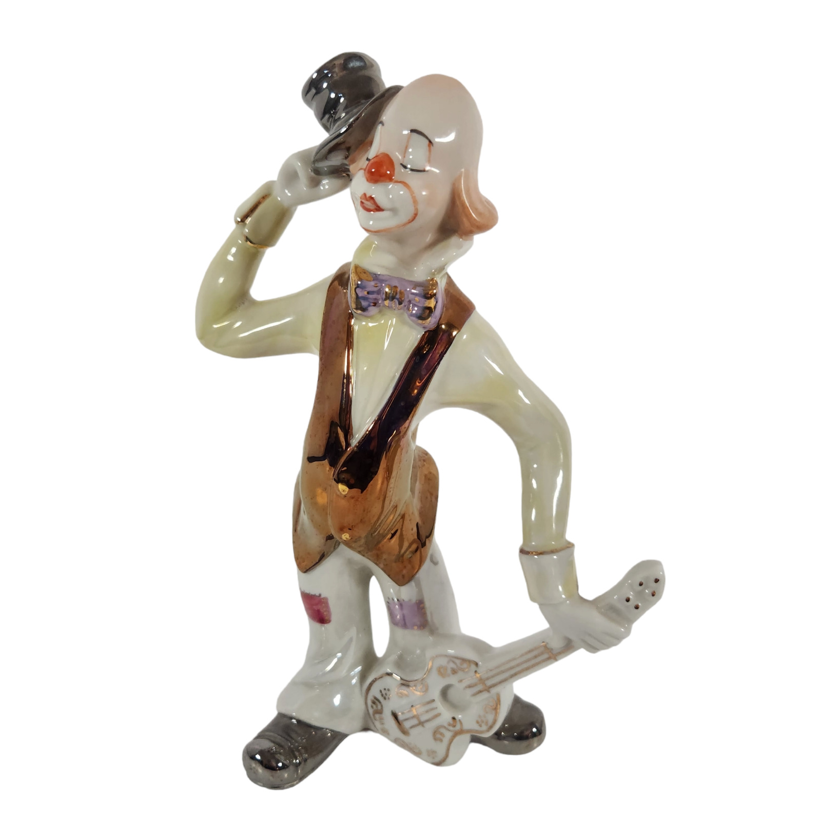 Porcelain Clown Hobo Figurine With Guitar Top Hat and Bow Tie Decor Collectible
