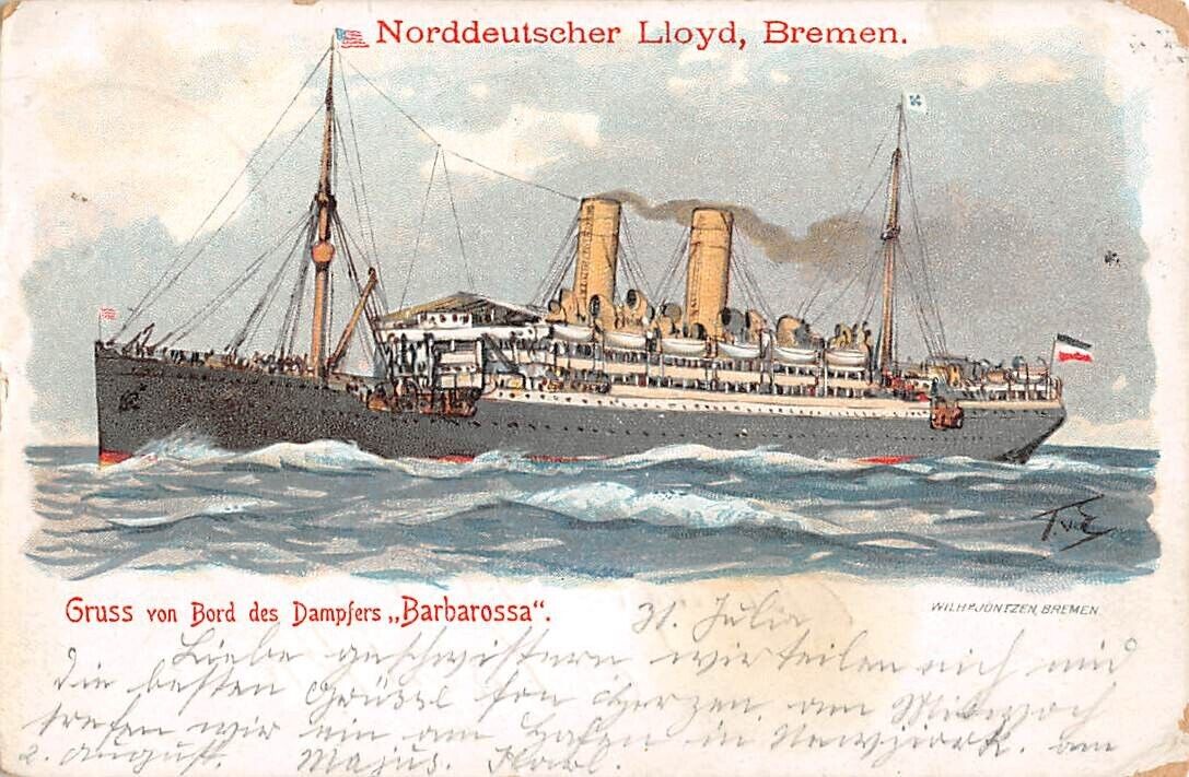 SS BARBAROSSA AT SEA ~ NORD-DEUTSCHER LLOYD SHIP LINE, used Sea Post 1911