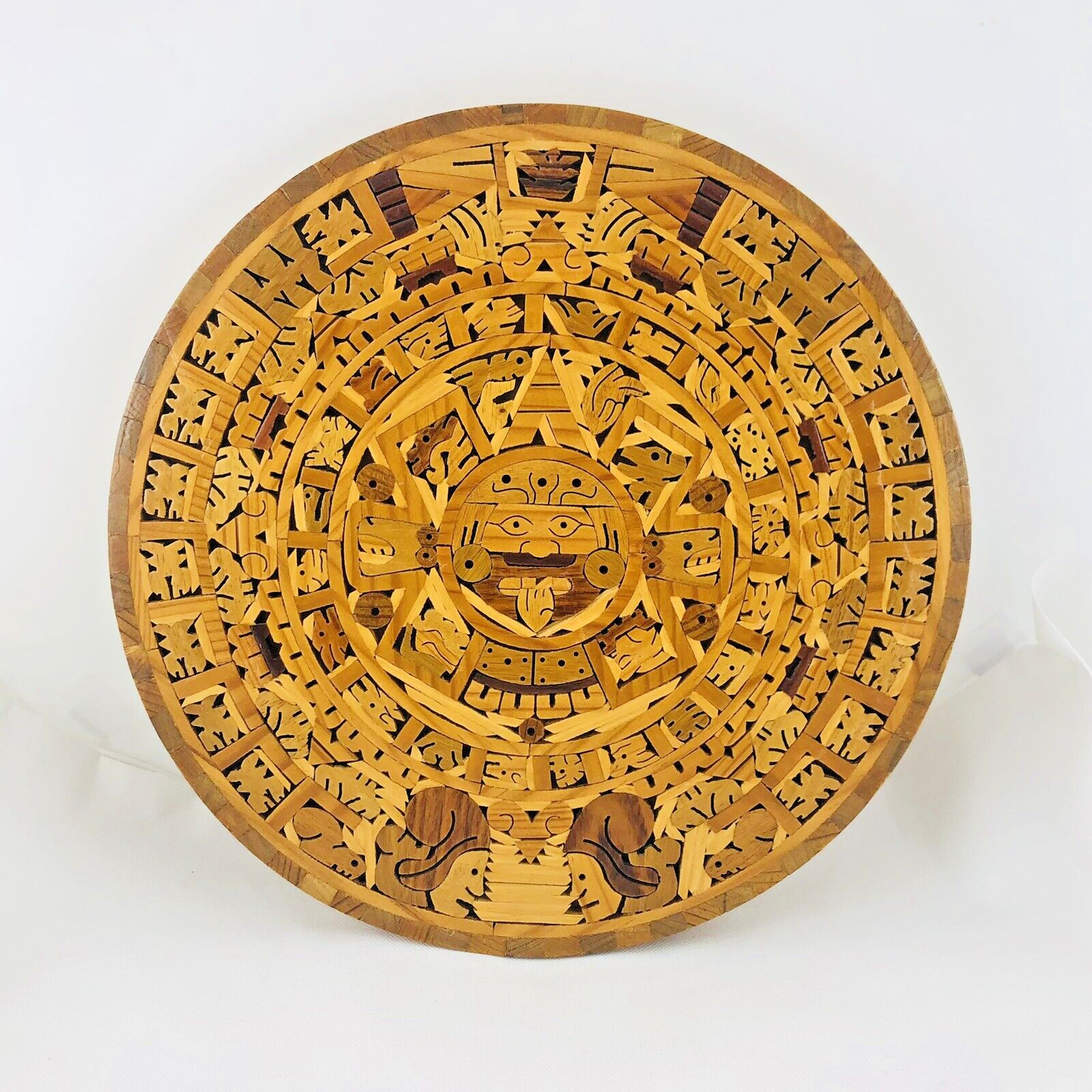 Vintage Wooden Aztec Mayan Mexico Calendar Hand Carved Inlay Wood Art Mexican 