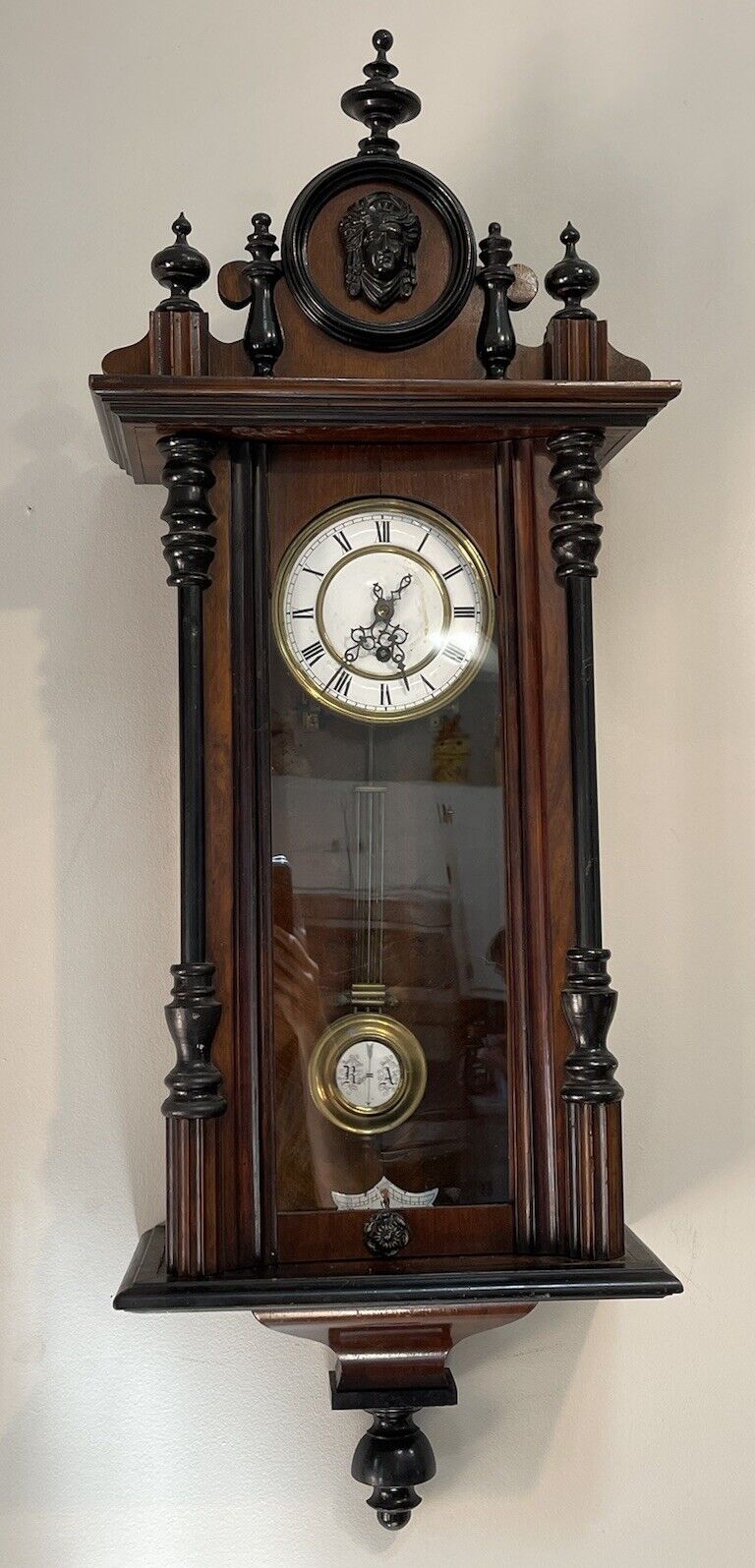 Antique German Carved Ornate Wood Wall 36” Hanging Clock R/A Regulator Key