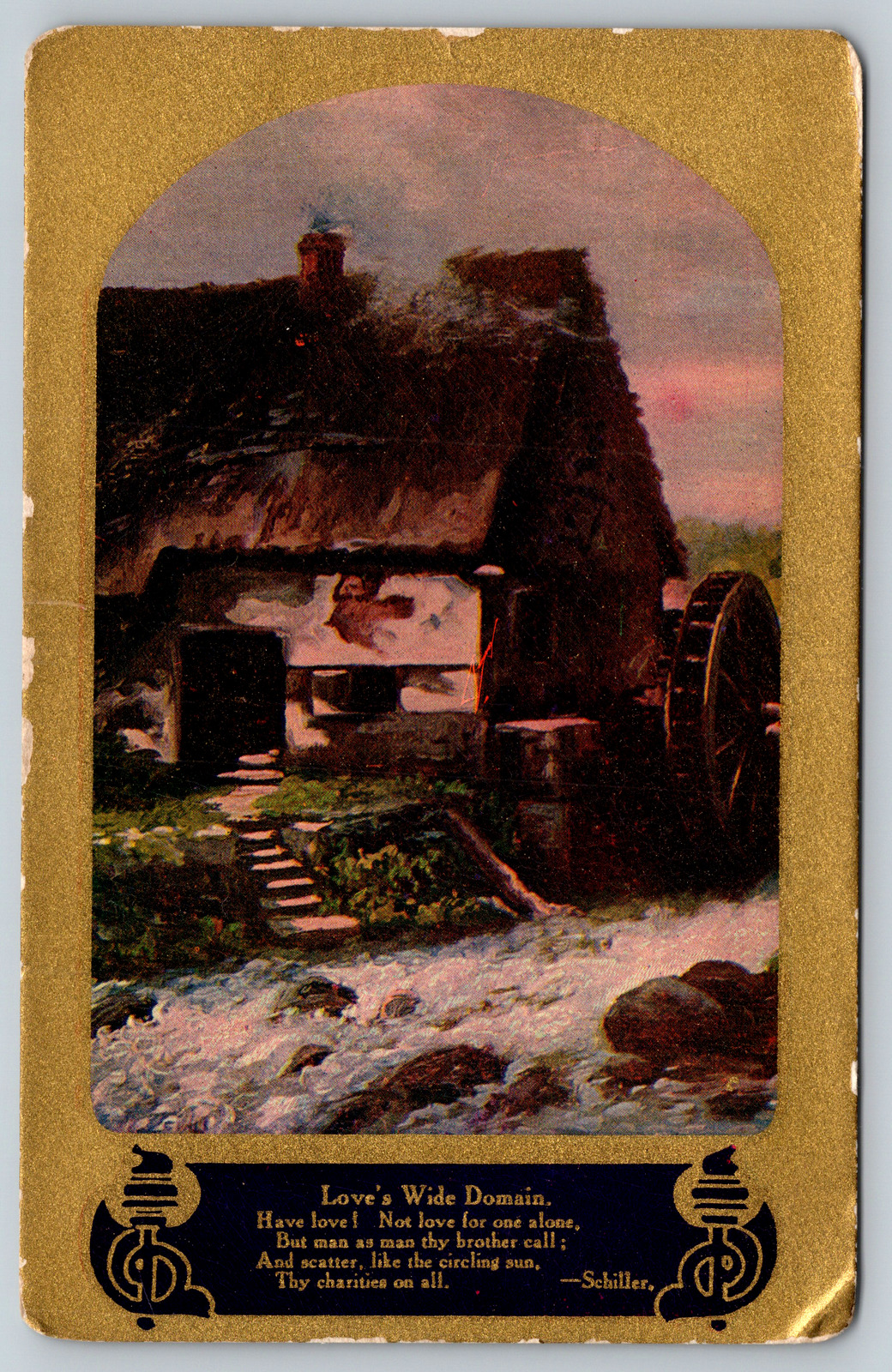 Poem Poetry Schiller Art Water Wheel Cottage Love c1910s Vintage Postcard