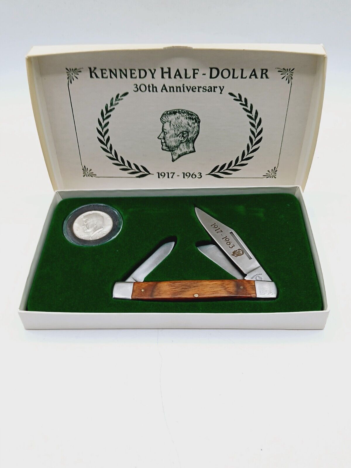 Vintage 30th Anniversary Kennedy Half Dollar and Cherokee Knife set