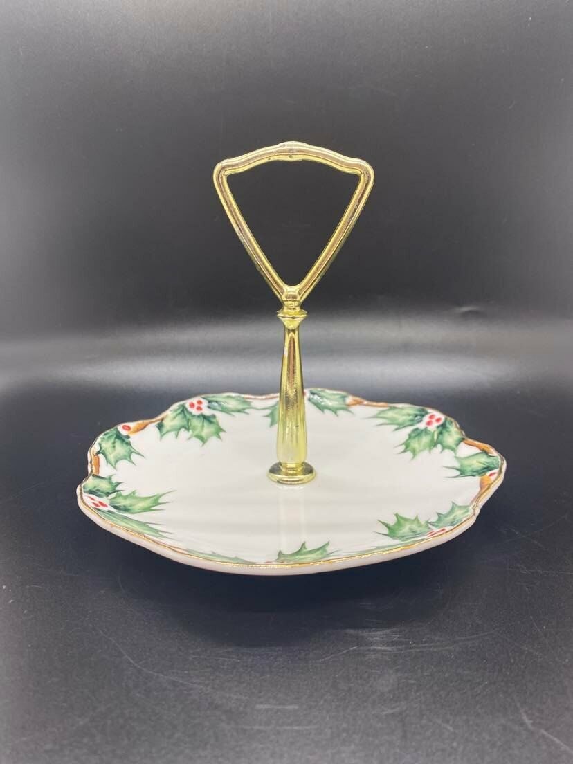 Vintage Lefton Christmas Holly & Berry Candy/Tidbit Tray with Handle - B3