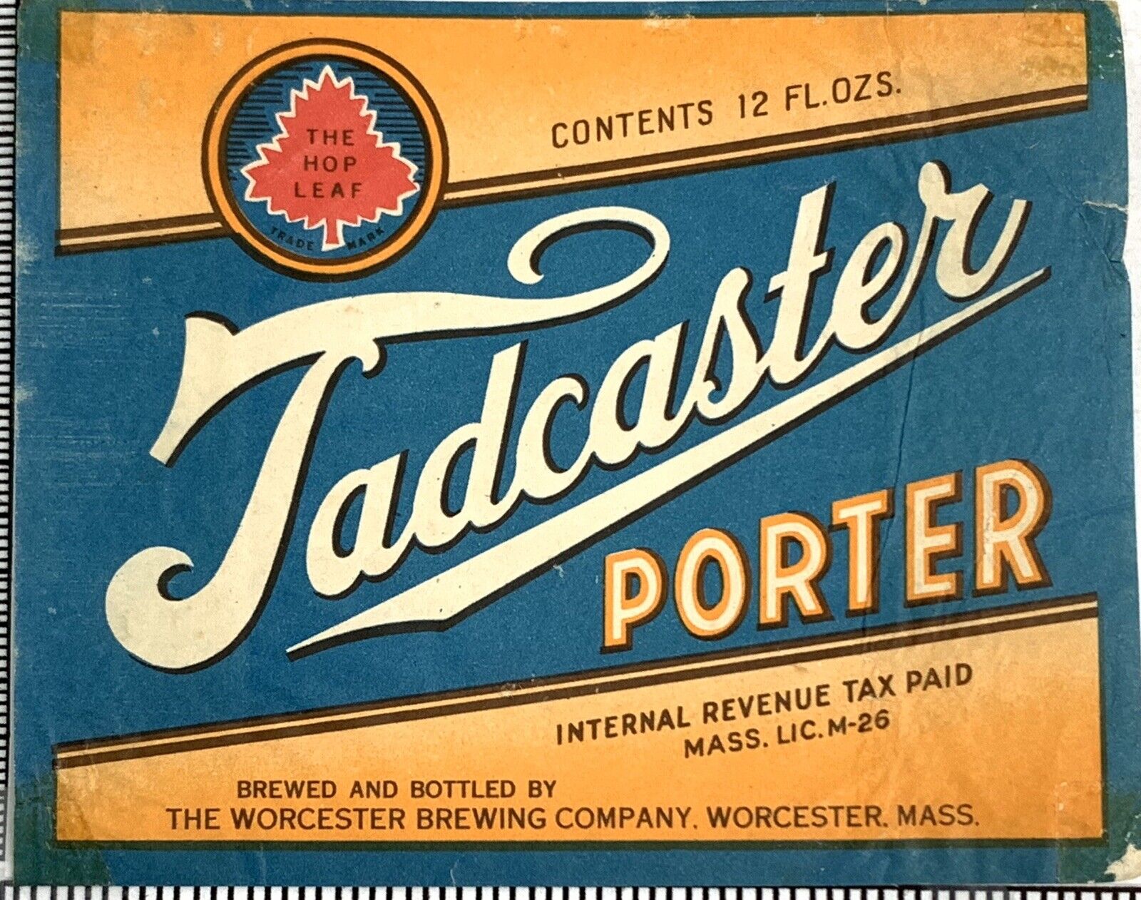 IRTP Vintage Tadcaster Porter Beer Bottle Label Worcester Brewing Massachusetts