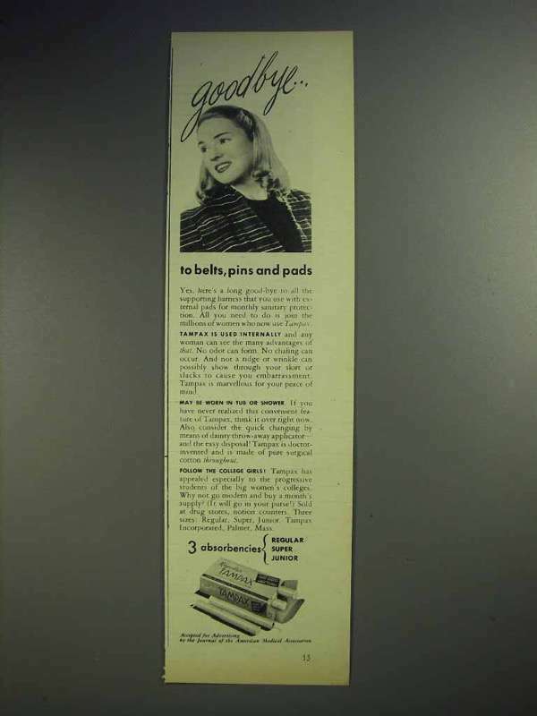 1946 Tampax Tampon Ad - Goodbye to Belts, Pins and Pads