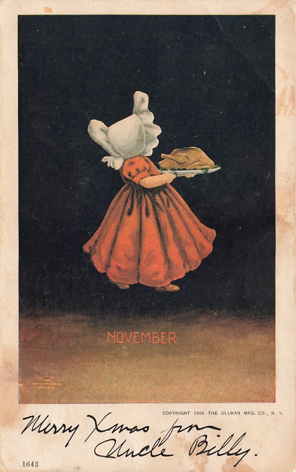November Turkey Girl Dress Bonnet Postcard Posted 1906